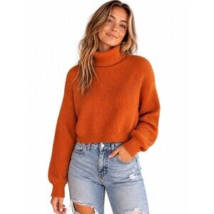Women’s Sweater Large Orange Cowl Neck Blue Rain Cropped Rustic Cabincore Rustic